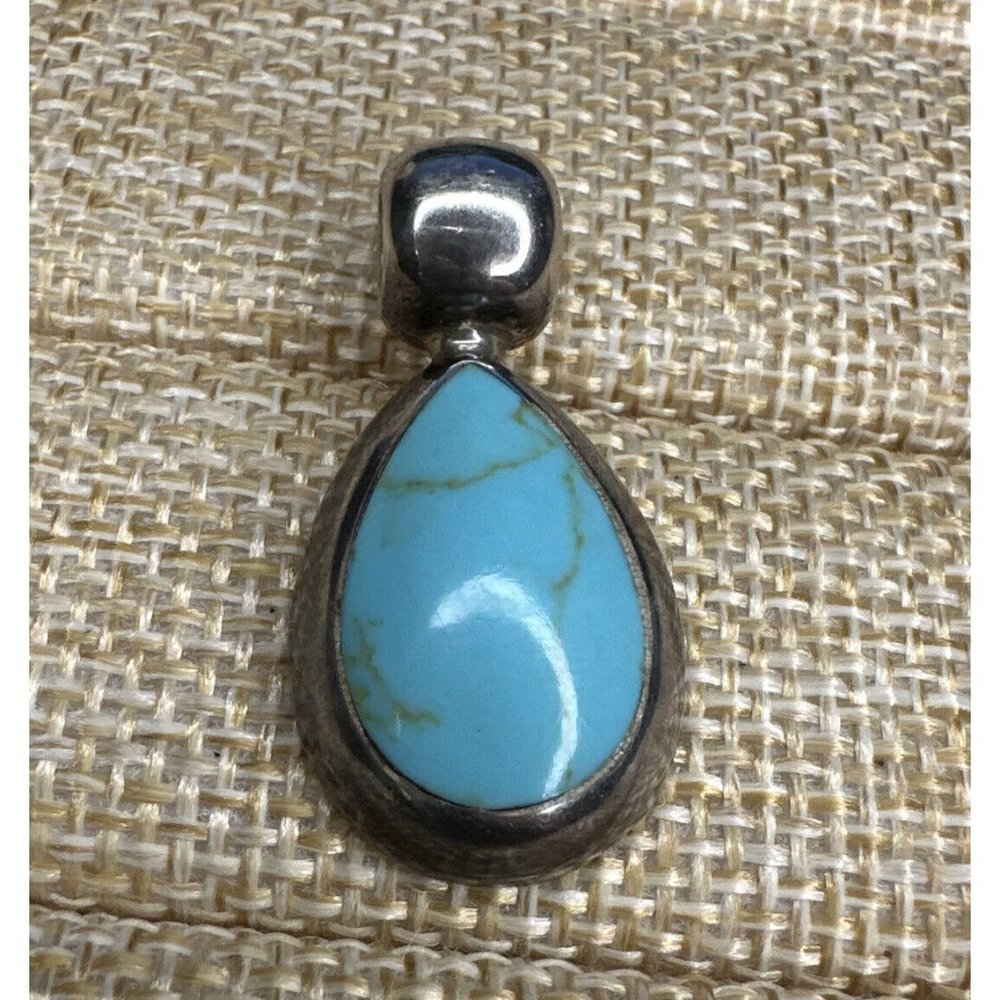 Vintage ATI Mexico .925 Sterling Silver Turquoise Pendant Large Bale 1.33" Long